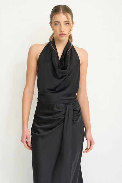 VESTIDO LARGO SATEN BUCHE CON FRUNCE