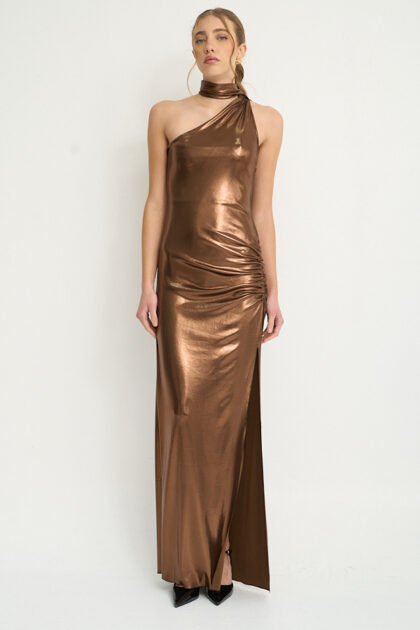 VESTIDO LARGO PUNTO FOIL HOMBRO CON LAZO