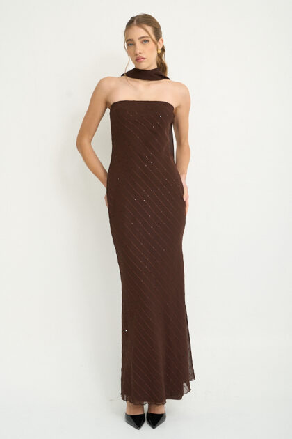 VESTIDO LARGO GASA LENTEJUELA BORDADO STRAPLESS
