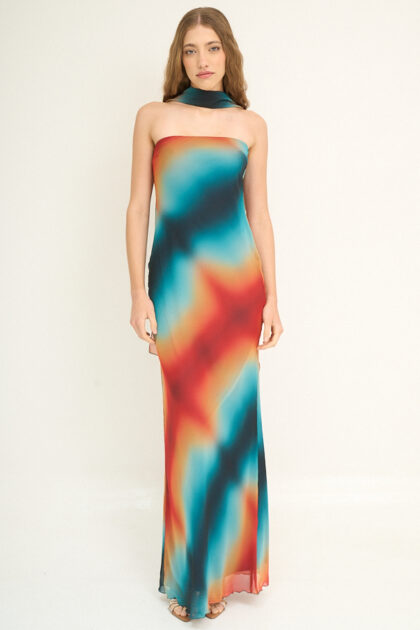 VESTIDO LARGO GASA  ESFUMADO STRAPLESS LAZO