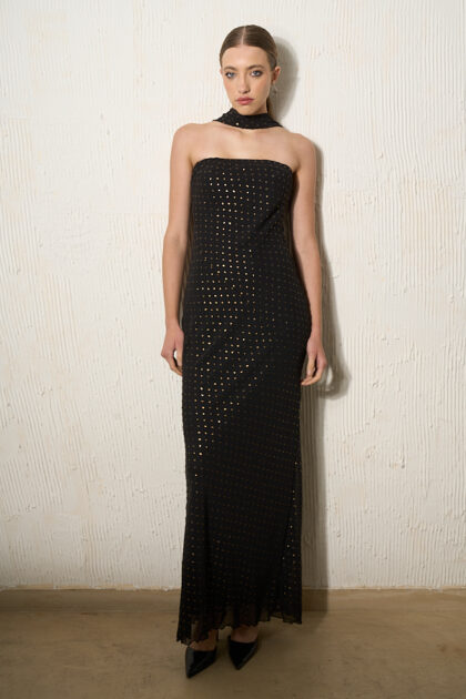 VESTIDO LARGO GASA PLUMETI STRAPLESS LAZO