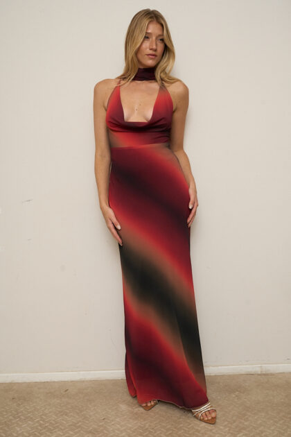 VESTIDO LARGO GASA ESFUMADO BUCHE PROFUNDO CON LAZO