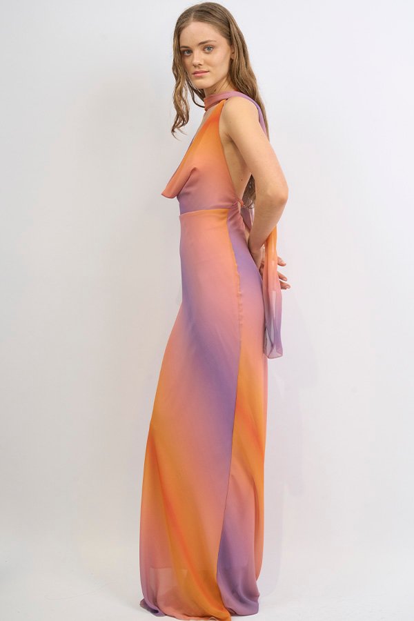 VESTIDO LARGO GASA ESFUMADO BUCHE PROFUNDO CON LAZO - Image 3
