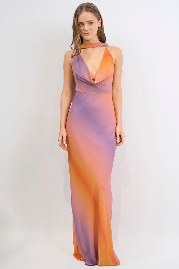 VESTIDO LARGO GASA ESFUMADO BUCHE PROFUNDO CON LAZO