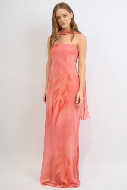 VESTIDO LARGO GASA  ESFUMADO STRAPLESS LAZO