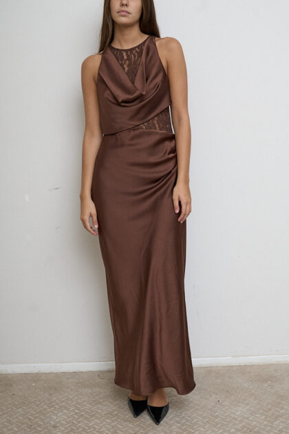 VESTIDO LARGO SATEN ENCAJE COMBINADO