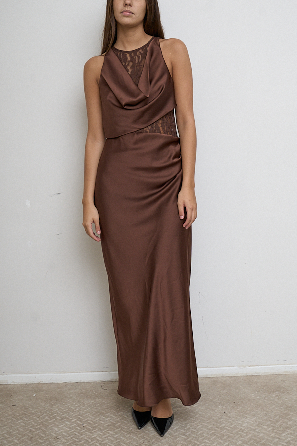 VESTIDO LARGO SATEN ENCAJE COMBINADO