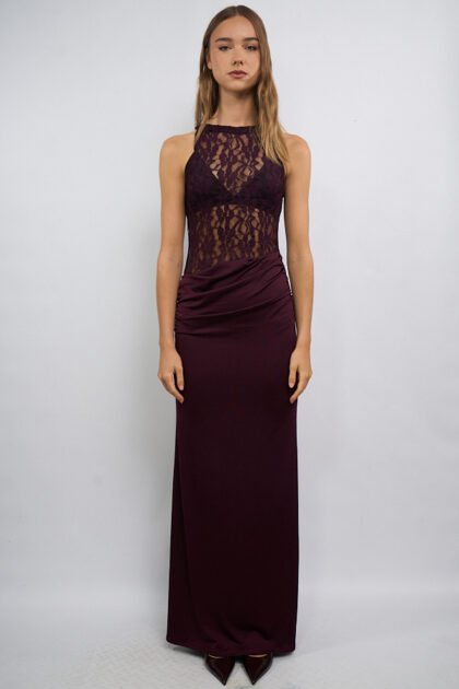 VESTIDO LARGO ENCAJE FALDA FRUNCE MICROFIBRA