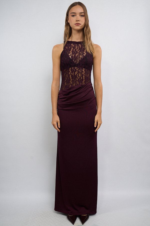 VESTIDO LARGO ENCAJE FALDA FRUNCE MICROFIBRA