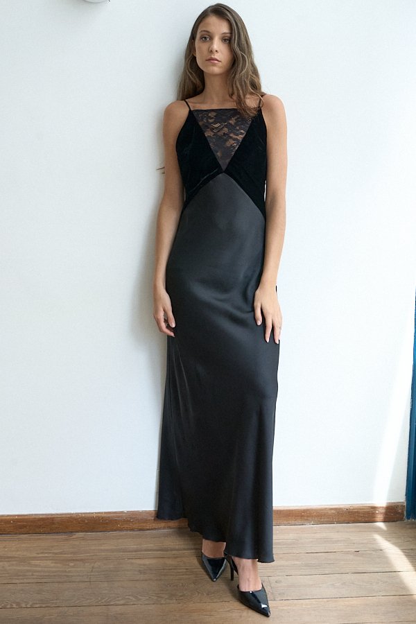 VESTIDO LARGO TERCIOPELO ENCAJE COMBINADO