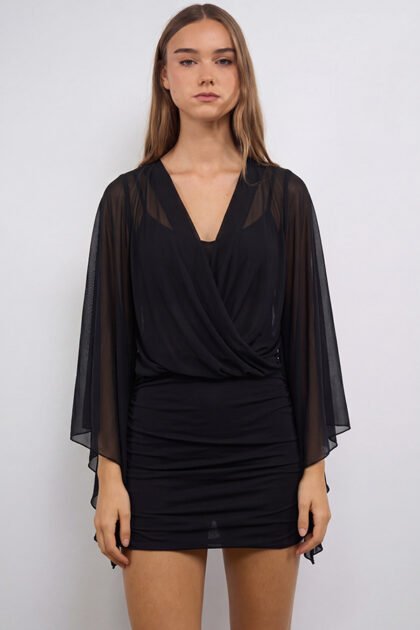 VESTIDO CORTO MICROTUL MANGA CAMPANA