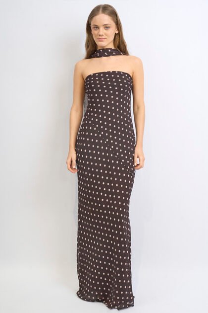 VESTIDO LARGO GASA LUNARES STRAPLESS