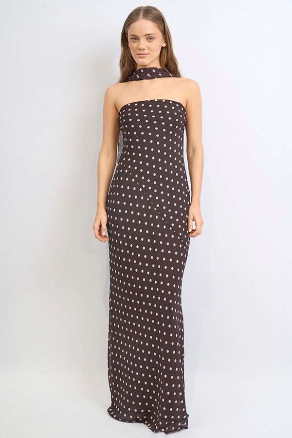 VESTIDO LARGO GASA LUNARES STRAPLESS