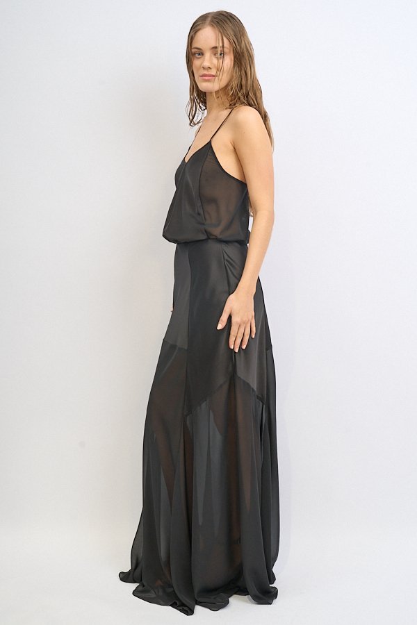 VESTIDO LARGO GASA SATEN COMBINADO