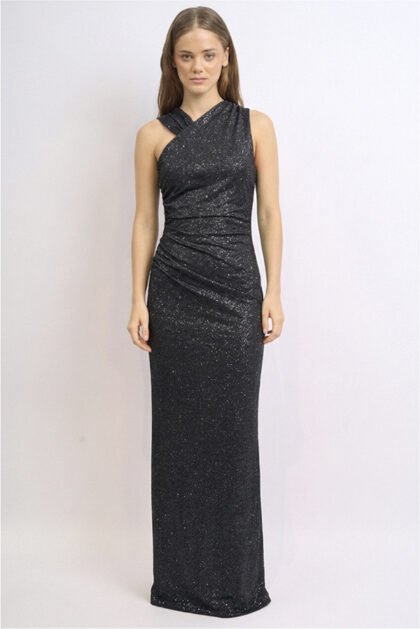 VESTIDO LARGO MICROFIBRA BRILLOSO UN HOMBRO LAZO