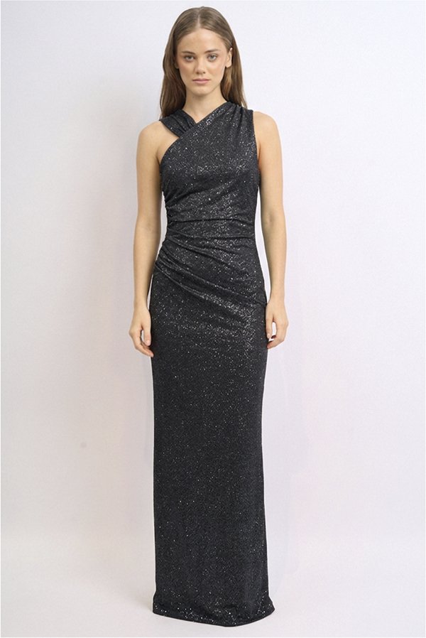 VESTIDO LARGO MICROFIBRA BRILLOSO UN HOMBRO LAZO