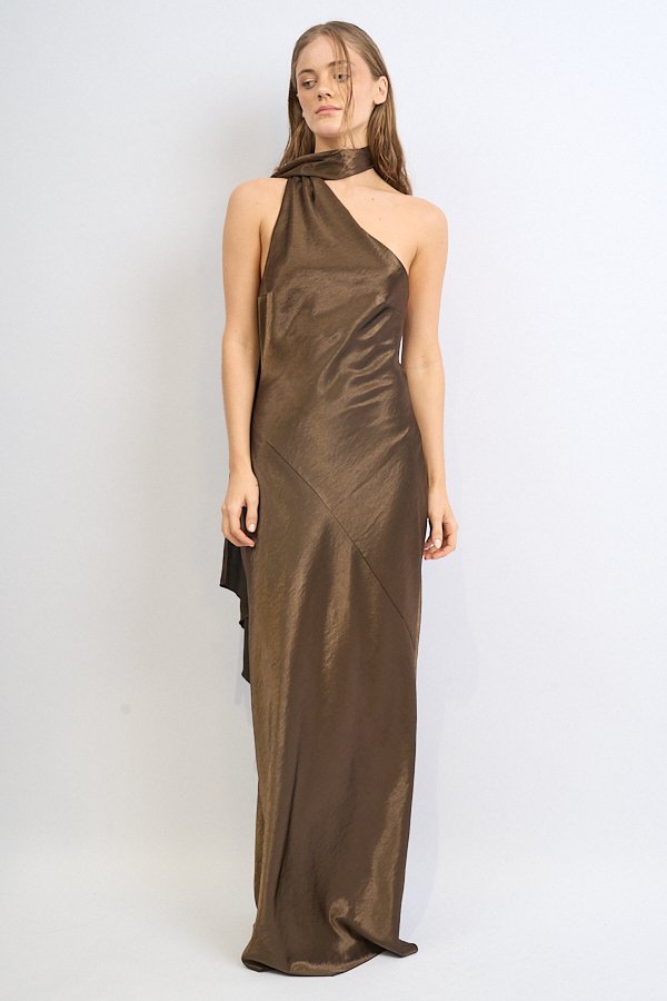 VESTIDO LARGO SATEN TRAMADO UN HOMBRO SUPER LAZO