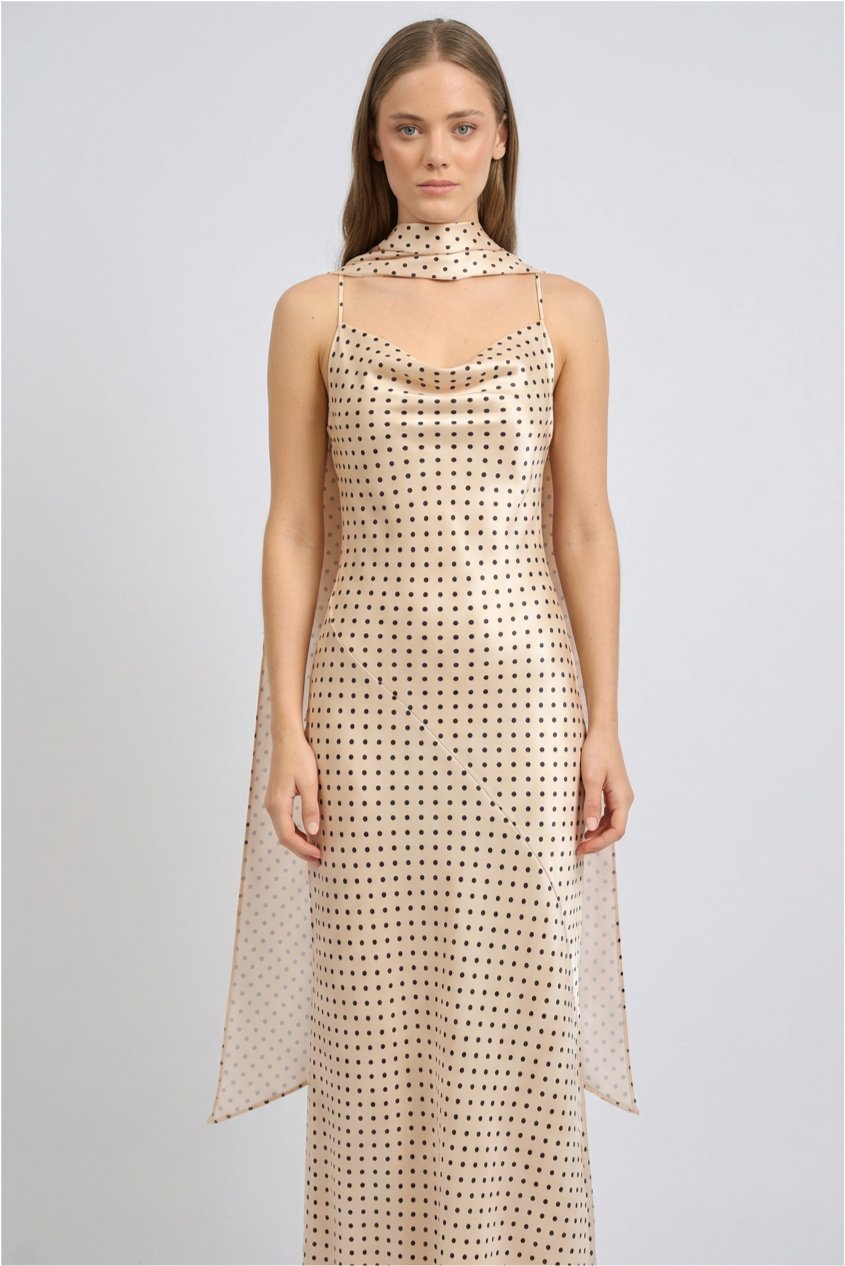 [ VESTIDO LARGO SATEN LUNARES ] BUCHE CON BUFANDA